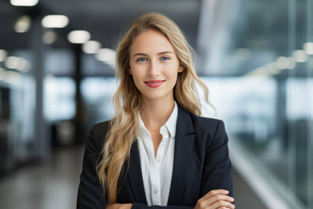 Portrait of young businesswoman standing with arms crossed in modern officeの素材