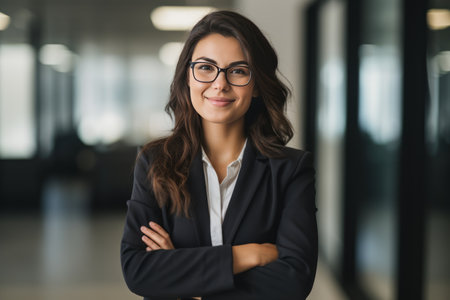 Portrait of smiling businesswoman in eyeglasses standing with arms crossed in officeの素材