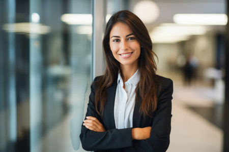 Portrait of a smiling businesswoman standing with arms crossed in officeの素材