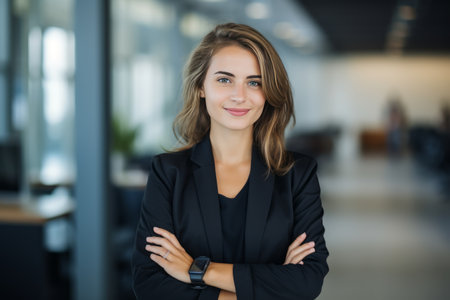 Portrait of smiling businesswoman standing with arms crossed in creative officeの素材