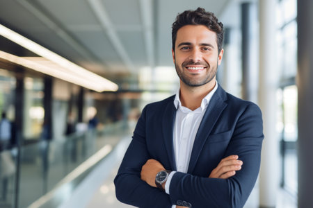 Portrait of smiling businessman with arms crossed in corridor of office buildingの素材