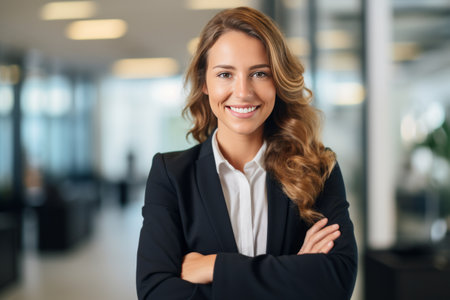 Portrait of smiling businesswoman standing with arms crossed in modern officeの素材