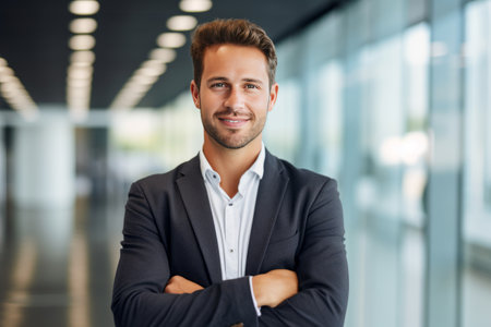 Portrait of a smiling businessman standing with arms crossed in an officeの素材