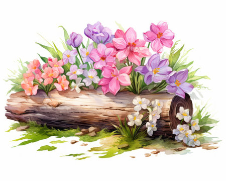 Beautiful spring crocus flowers on a log. Watercolor illustrationの素材