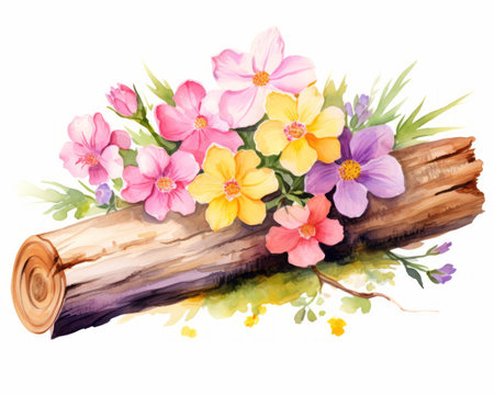 Bouquet of spring flowers on a wooden log. Watercolor illustrationの素材