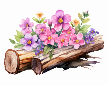 Watercolor spring flowers on a wooden log. Hand drawn illustration.の素材