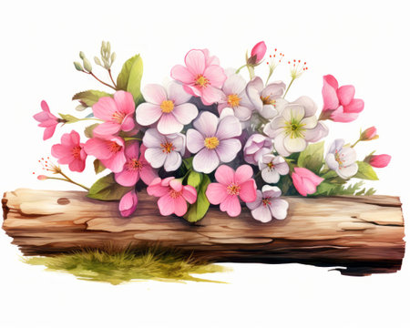 Beautiful spring flowers on a wooden background. Watercolor illustration.の素材