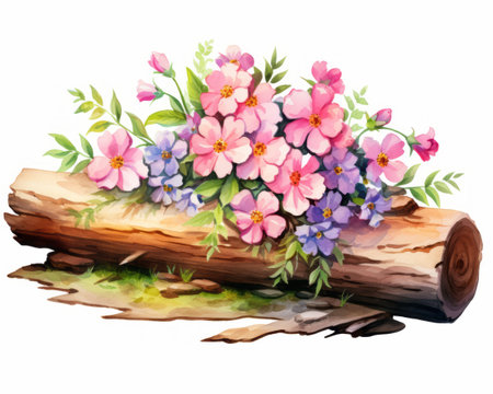 Bouquet of spring flowers on a wooden log. Watercolor illustrationの素材
