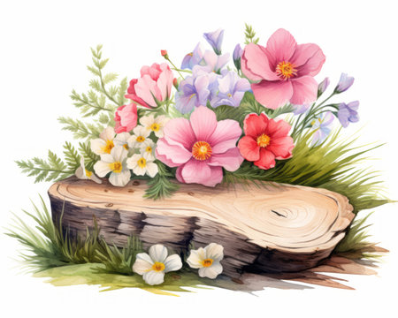 bouquet of spring flowers on a wooden background, watercolor illustrationの素材