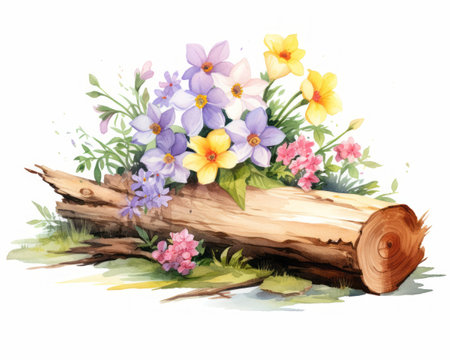 Spring flowers on a log, watercolor illustration, isolated on white backgroundの素材