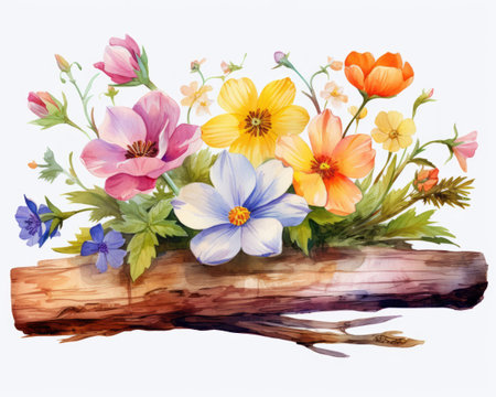 Watercolor spring bouquet of flowers on a wooden log isolated on white backgroundの素材