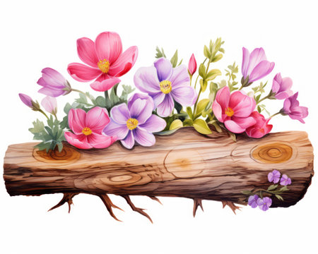 Wooden log with spring flowers. Watercolor illustration isolated on white backgroundの素材