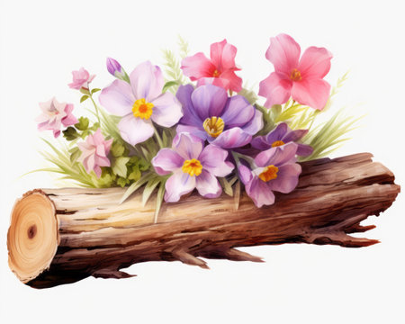 bouquet of spring flowers on a wooden log isolated on white backgroundの素材