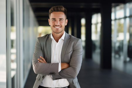 Portrait of a smiling young businessman standing with arms crossed in officeの素材