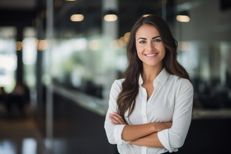 Portrait of smiling businesswoman standing with arms crossed in creative officeの素材