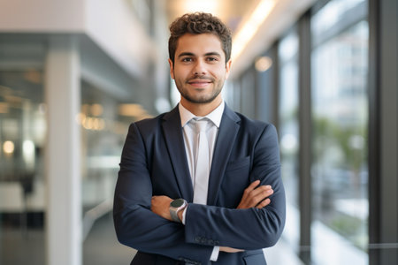 Portrait of a smiling young businessman standing with arms crossed in officeの素材