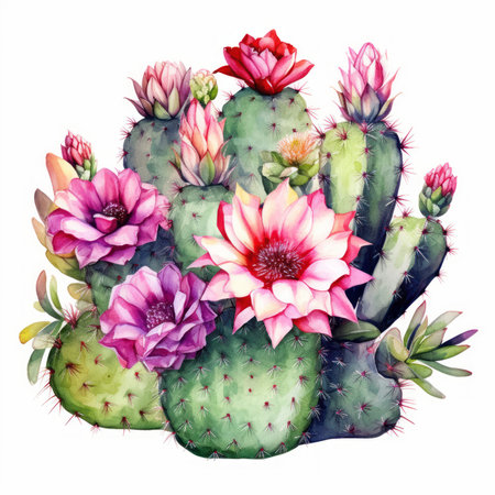 Watercolor cactus flowers isolated on white background. Hand drawn illustrationの素材