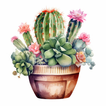 Watercolor cacti in a pot on a white background.の素材