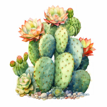 Illustration of cacti with flowers on a white background.の素材