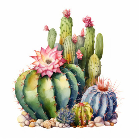 Watercolor cacti collection. Hand drawn illustration isolated on white backgroundの素材