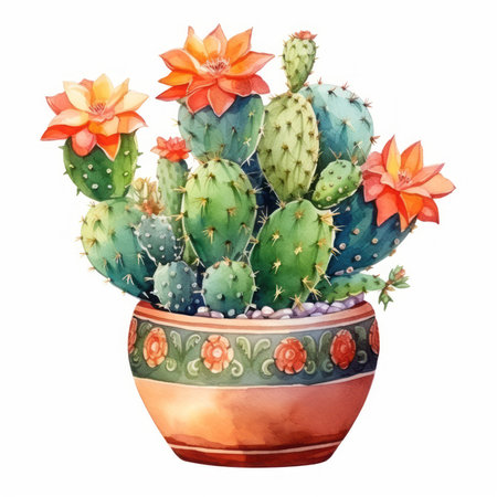 Watercolor cactus in a pot. Hand drawn illustration isolated on white backgroundの素材