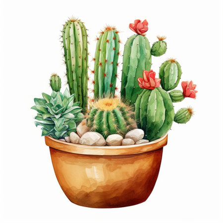 Watercolor cactus in pot isolated on white background. Hand drawn illustrationの素材
