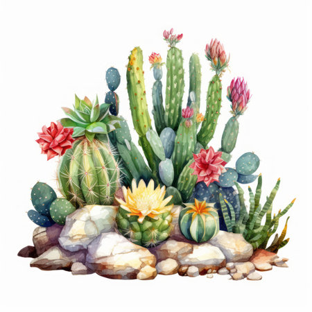 Watercolor cactuses and succulents. Hand drawn illustrationの素材