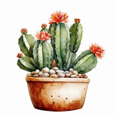 Watercolor cactus in pot. Hand drawn illustration isolated on white backgroundの素材