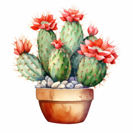 Watercolor cactus in pot. Hand drawn illustration isolated on white backgroundの素材