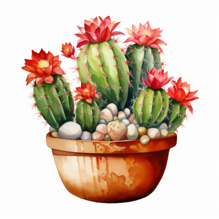 Watercolor cactus in pot. Hand drawn illustration isolated on white backgroundの素材