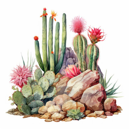 Cactuses and succulents in the desert. Watercolor illustrationの素材