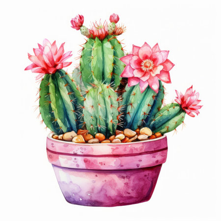 Watercolor cactus in a pot. Hand drawn illustration isolated on white backgroundの素材