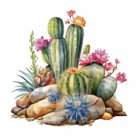 Watercolor cacti with flowers and stones. Hand drawn illustrationの素材