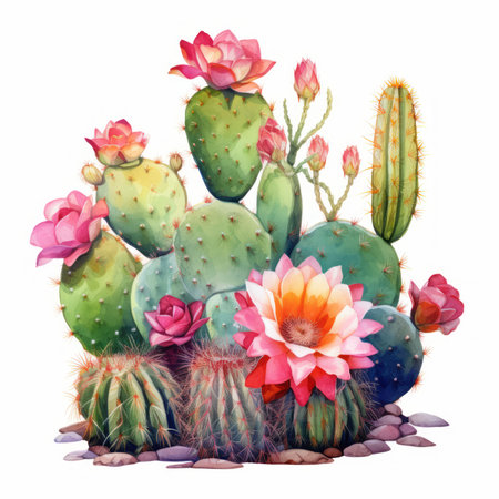 Watercolor cacti with flowers. Hand drawn illustration isolated on white backgroundの素材