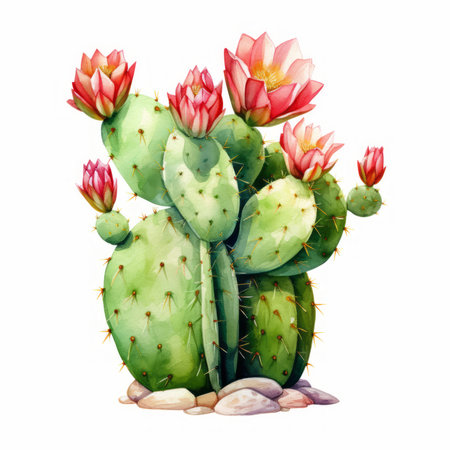 Watercolor cactus with flowers. Illustration isolated on white backgroundの素材