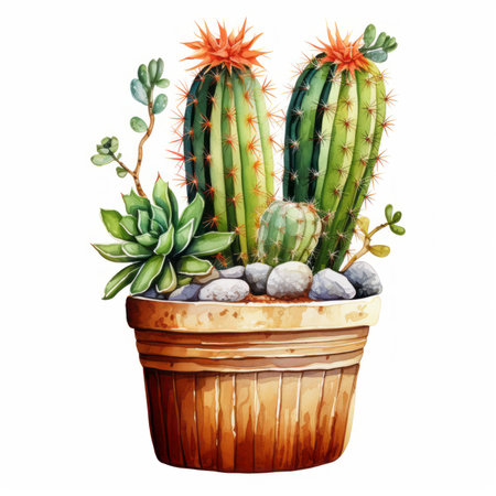 Watercolor cactus in a pot isolated on white background. Hand drawn illustrationの素材