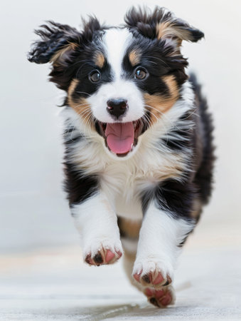 Cute Border Collie puppy jumping and having fun on white backgroundの素材