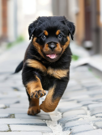 Rottweiler puppy standing on the street and sticking out tongueの素材