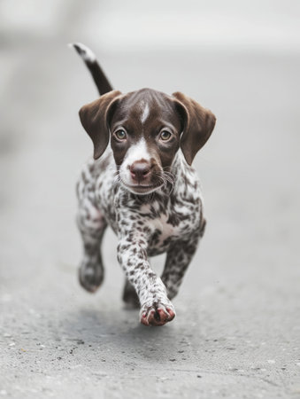 German shorthaired pointer puppy running in the street. Shallow depth of field.の素材
