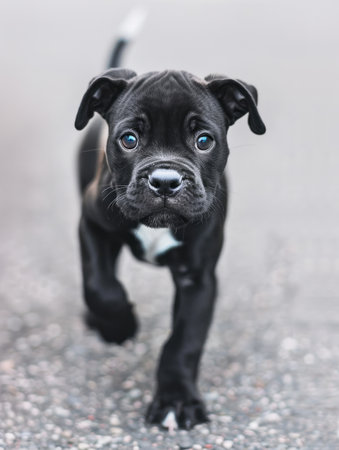 Cute black and white staffordshire bull terrier puppy looking at cameraの素材
