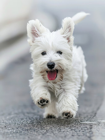 West highland white terrier dog running on the road in the cityの素材