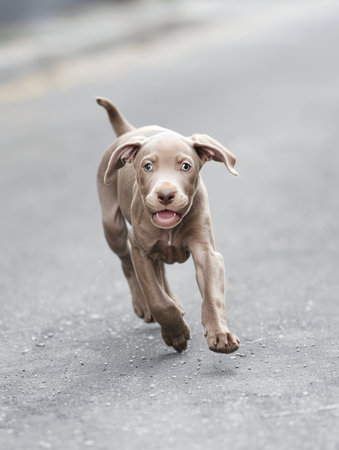Cute puppy of Weimaraner running on the road.の素材