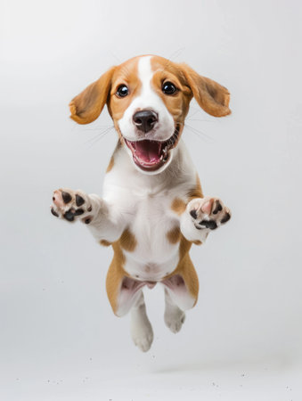 purebred beagle dog jumping and looking at camera on white backgroundの素材