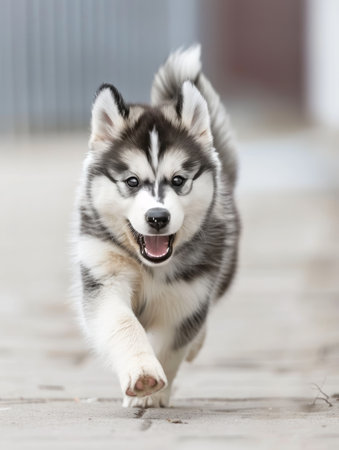 Cute siberian husky puppy is running on the floorの素材