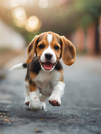 cute beagle puppy running on the road in the park.の素材