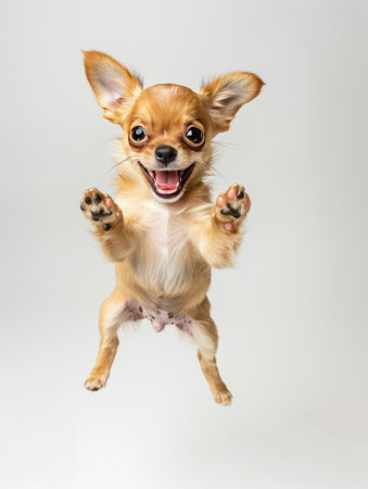 Funny chihuahua jumping in studio on white background.の素材