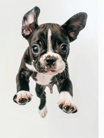 Funny puppy of Boston Terrier on a white background in studioの素材