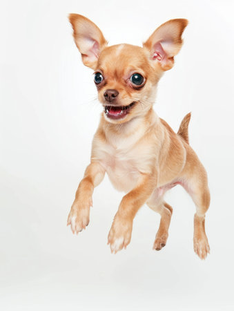 Cute chihuahua puppy jumping on white background, studio shotの素材