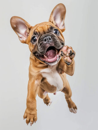 Funny french bulldog puppy jumping on white background. Studio shot.の素材