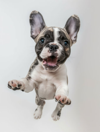 Cute french bulldog puppy on white background. Studio shot.の素材